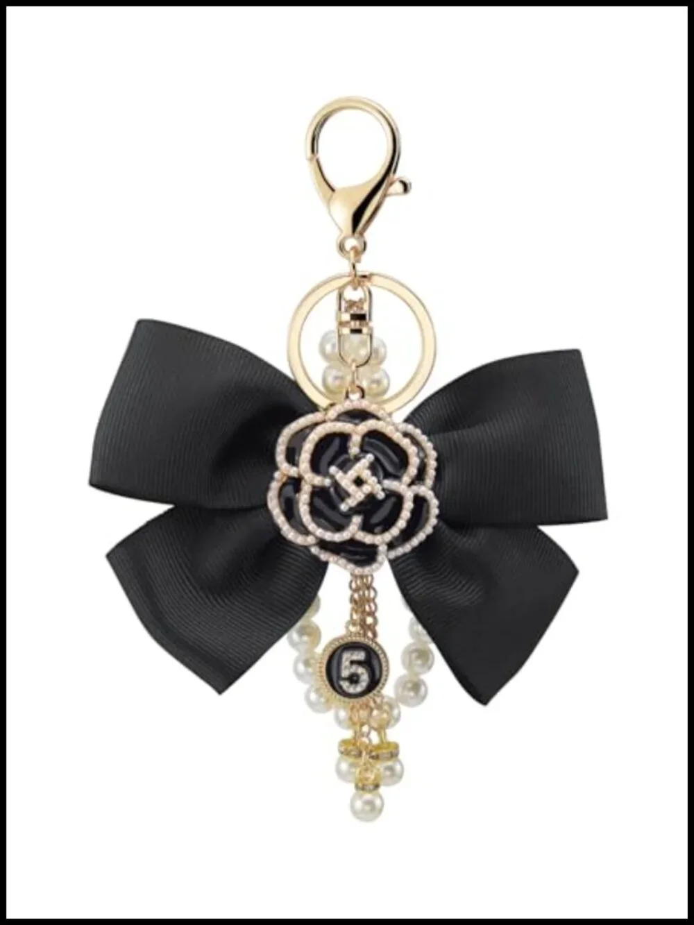Camellia Flower Bag Charm with Pearl Bow-Knot Keychain for Handbags